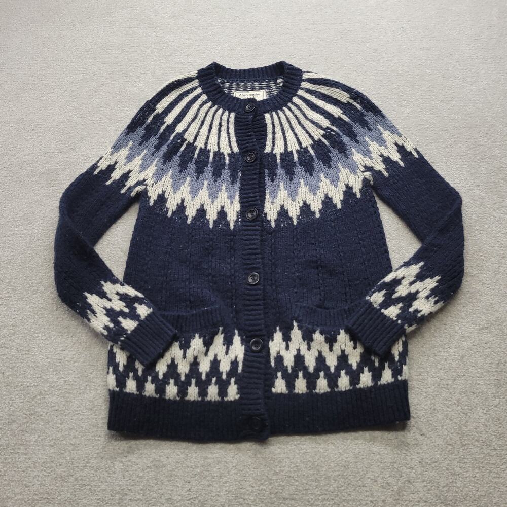 Abercrombie & Fitch Women's S Fair Isle Nordic Cardigan Sweater Navy Blue Wool